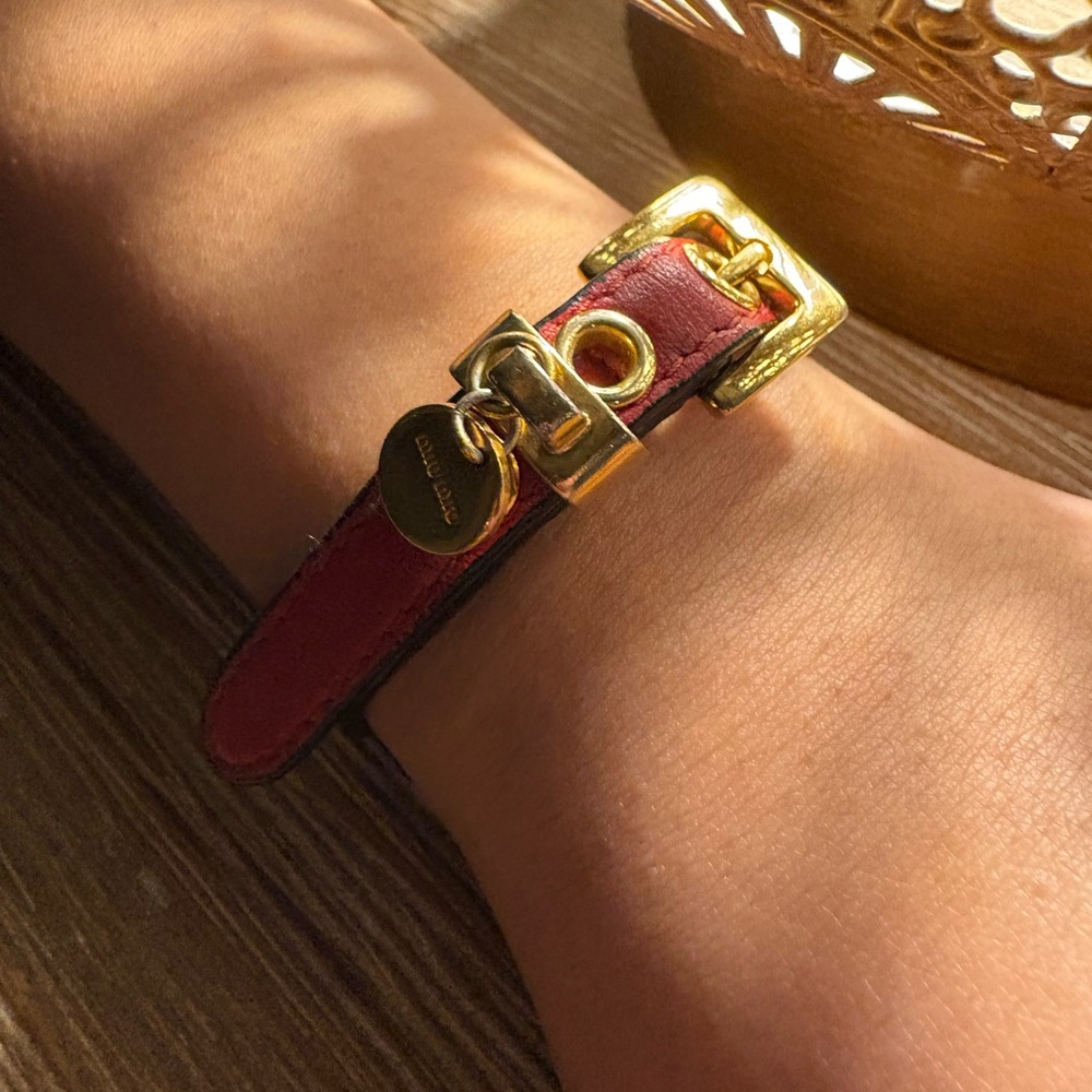 Miu Miu Red Black Leather Strap Collar Bracelet Circle Charm